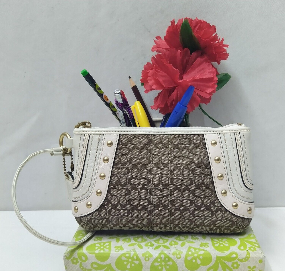 Coach Mini C Brown Canvas Leather Trim Studded Zipper Wristlet - Coin Wallet